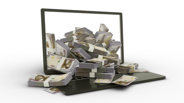 3D rendering of Nigerian naira notes coming out of a Laptop monitor isolated on transparent background. stacks of Naira notes inside a laptop. money from computer, money from laptop png