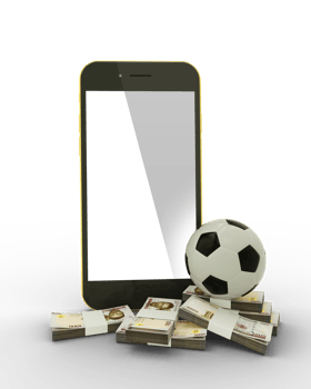3D rendering of a mobile phone with soccer ball and stacks of Nigerian naira notes isolated on transparent background. png