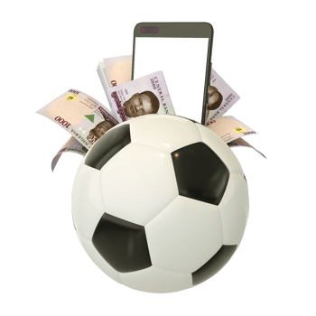 3d rendering of Nigerian naira notes and phone behind soccer ball. Sports betting, soccer betting concept isolated on transparent background. mockup png