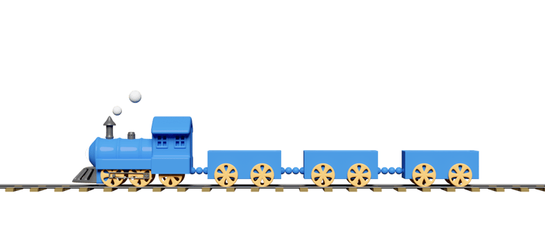 3d blue locomotive steam cartoon with railroad tracks, wagons empty isolated. train transport toy, summer travel service, planning traveler, 3d render illustration png