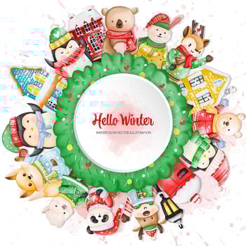 Christmas animals circle background, Watercolor Winter animals, Watercolor illustration vector