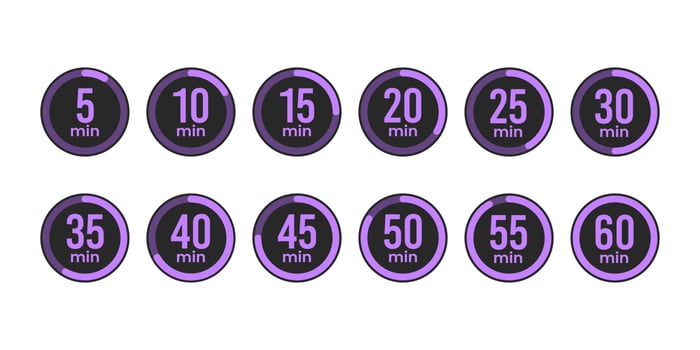 Set of purple digital stopwatch faces showing the time every 5 minutes vector