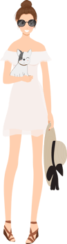pretty young stylish women wear summer white dress with French bulldog puppy flat style png
