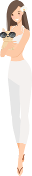 pretty young stylish women wear summer white dress with French bulldog puppy flat style png