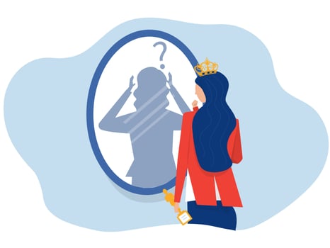 imposter syndrome, woman queen looking shadow himself through mirror for Anxiety and lack of self confidence at work vector