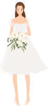 beautiful young bride in white wedding dress with Phalaenopsis orchid flower bouquet flat style cartoon png