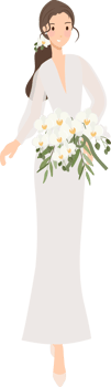 beautiful young bride in white wedding dress with Phalaenopsis orchid flower bouquet flat style cartoon png