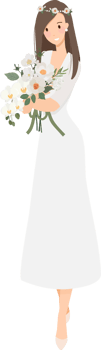 beautiful young bride in white wedding dress with Phalaenopsis orchid flower bouquet flat style cartoon png