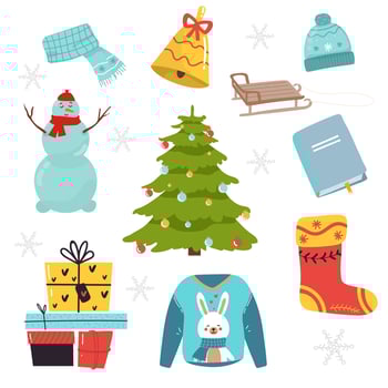 Vector set of holiday icons car, jacket, socks, bow, hare, Christmas tree, teapot, gifts, Christmas decorations, calendar. for Christmas time. Scrapbook collection. greeting card Happy New Year.