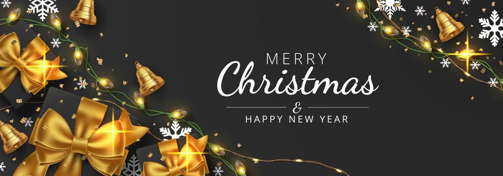 Merry Christmas background with gift, string light, and bells. Vector illustration