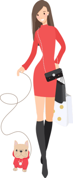 beautiful girl friend winter Christmas costume shopping together with their French bulldog puppy png