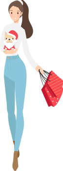 beautiful girl friend winter Christmas costume shopping together with their French bulldog puppy png