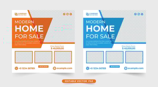 Real estate business social media marketing template with orange and blue colors. Modern home selling web banner design for advertisement. House property sale promotional poster design vector. vector