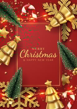 Merry Christmas background with christmas tree, string light, stars, candy and snowflakes. Vector Illustration