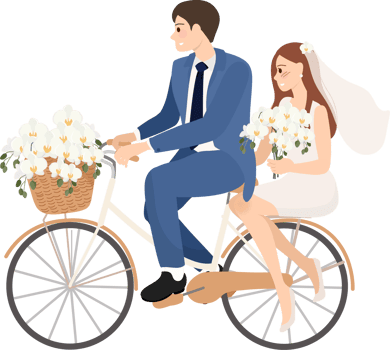 beautiful young just married wedding couple ride bicycle png