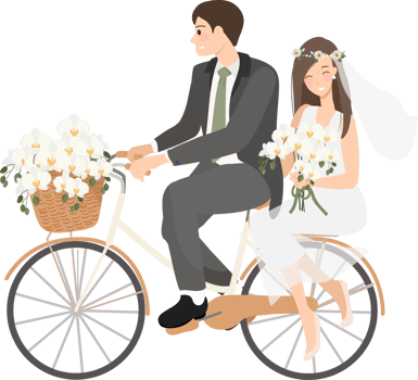 beautiful young just married wedding couple ride bicycle png