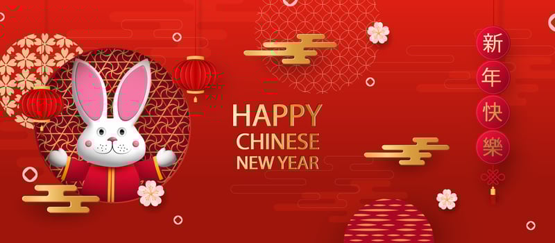 Happy Chinese New Year 2023, Year of the Rabbit. Translation from Chinese - Happy New Year, Rabbit zodiac sign. Holiday card, banner, flyer. Vector illustration