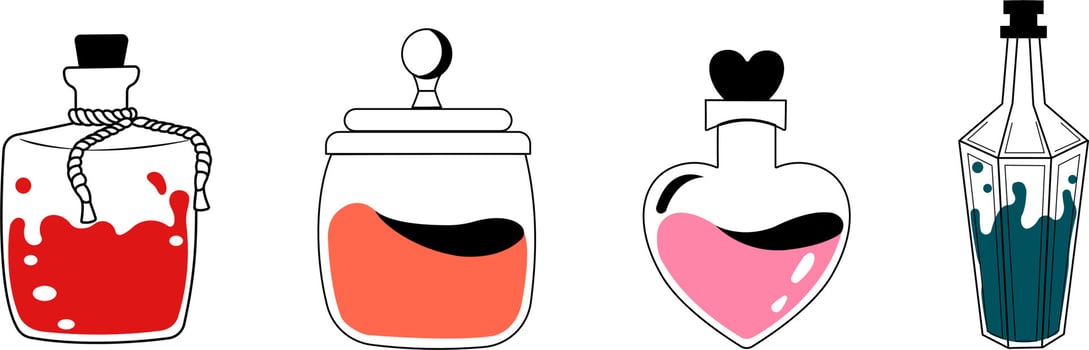 Alchemy vector illustration of a set of bottles with magic potions, a magic jar with crystal.