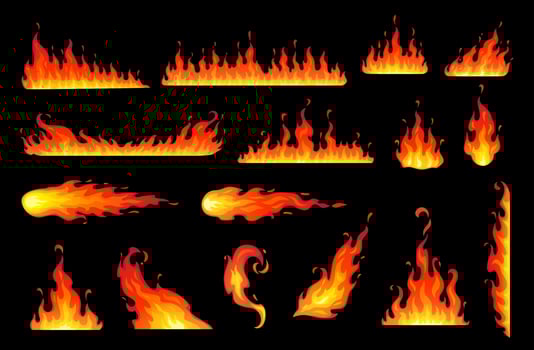 Cartoon bonfire, fireplace isolated fire flame set vector