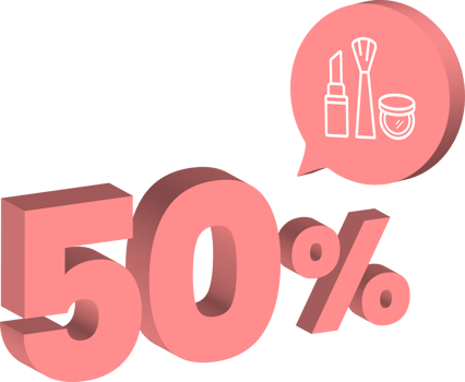 50 percent discount number pink cream color 3d style with cosmetic skin care product icon png