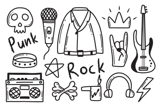 Rock n roll, punk music doodle set. Graffiti, tattoo hand drawn sticker, text, skull, heart, skate, gesture hand. Grunge rock vector illustration.