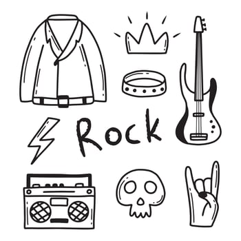 Rock n roll, punk music doodle set. Graffiti, tattoo hand drawn sticker, text, skull, heart, skate, gesture hand. Grunge rock vector illustration.