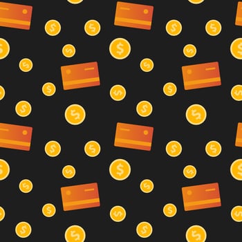 Vector seamless pattern with money and debit card. Coins and discount card on black background.