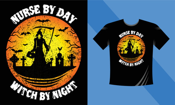 Nurse by day Witch by night - Best Halloween T-Shirt Design Template. Pumpkin, Night, Moon, Witch, Mask. Night background T-Shirt for print. vector