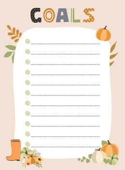 Goals check list. Vector illustration with autumn elements for planner. Cute and trendy.
