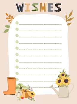 Wishes list template. Vector illustration with autumn elements for planner. Cute and trendy.