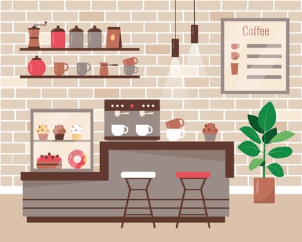 Cozy cafe or cafeteria with bar chairs and equipment. Coffee shop or bakehouse interior design. Flat or cartoon vector illustration.