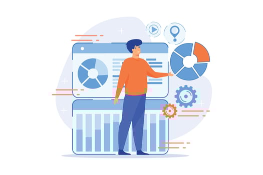 Report chart visualization. Analytics, statistics, analysis. Developer presenting new innovative infographics visualization application. flat vector modern illustration