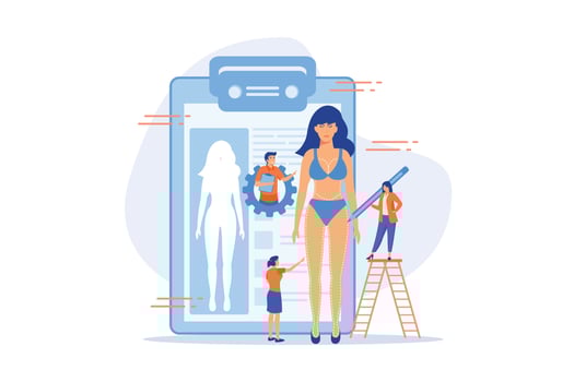Plastic surgeons doing pencil marks and preparing body contouring of woman. Body contouring, body correction surgery, body plastic service concept. flat vector modern illustration