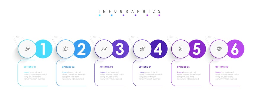Vector Infographic label design template with icons and 6 options or steps. Can be used for process diagram, presentations, workflow layout, banner, flow chart, info graph.