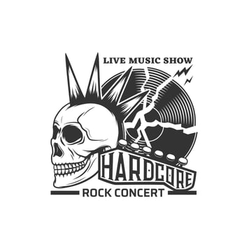 Rock concert live show icon, skull and guitar vector
