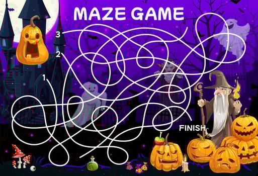 Labyrinth maze, help mage find Halloween pumpkin vector