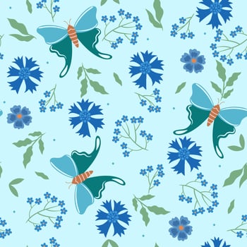 Seamless pattern with butterflies and flowers. Vector graphics.