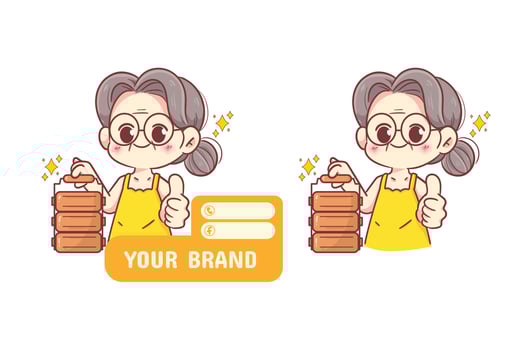 Cute Grandma or woman chef holding Pinto or lunchbox restaurant food logo hand drawn cartoon illustration vector