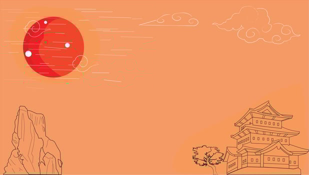 japan castle icon with red moon illustration logo isolated in orange background vector
