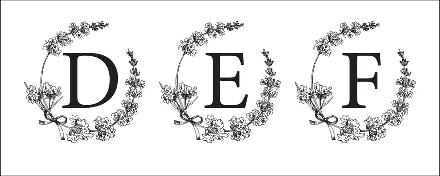 D E F letter. Set modern hand-drawn engraved sketch illustrations. Lavender flower wreath with alphabet monogram. good idea for wedding decor. Vintage vector typographic emblem, logo, label design.