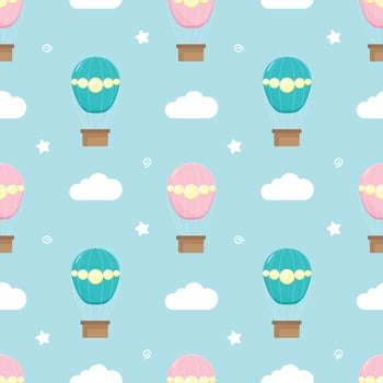 Hot air balloon with cloud seamless pattern. Vintage children illustration. Cute print and wallpaper vector design.