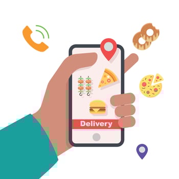 Hand holding mobile online order food delivery illustration. vector