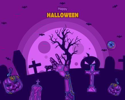 Happy halloween background wallpaper design in neon purple cyberpunk style. vector