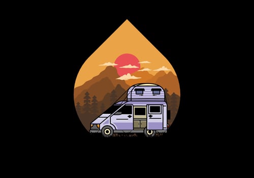 Big van with roof box tent illustration badge vector