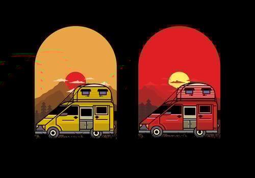 Big van with roof box tent illustration badge vector