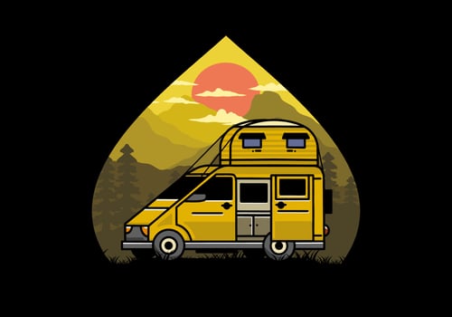 Big van with roof box tent illustration badge vector