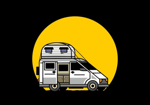 Big van with roof box tent illustration badge vector