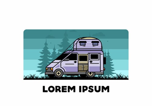 Big van with roof box tent illustration badge vector