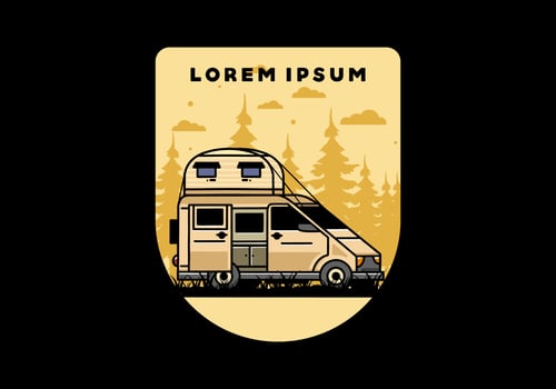 Big van with roof box tent illustration badge vector
