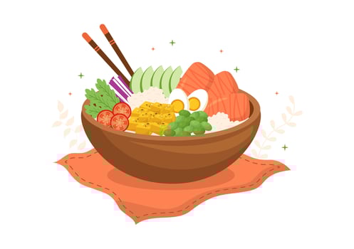 Hawaiian Dish Poke Bowl Food Template Hand Drawn Cartoon Flat Illustration with Rice, Tuna, Fresh Fish, Egg and Vegetables Design vector